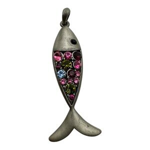 Vintage Fish Pendant Rhinestone Multicolor‎ Crystals 1.5” Silver Tone Jewelry